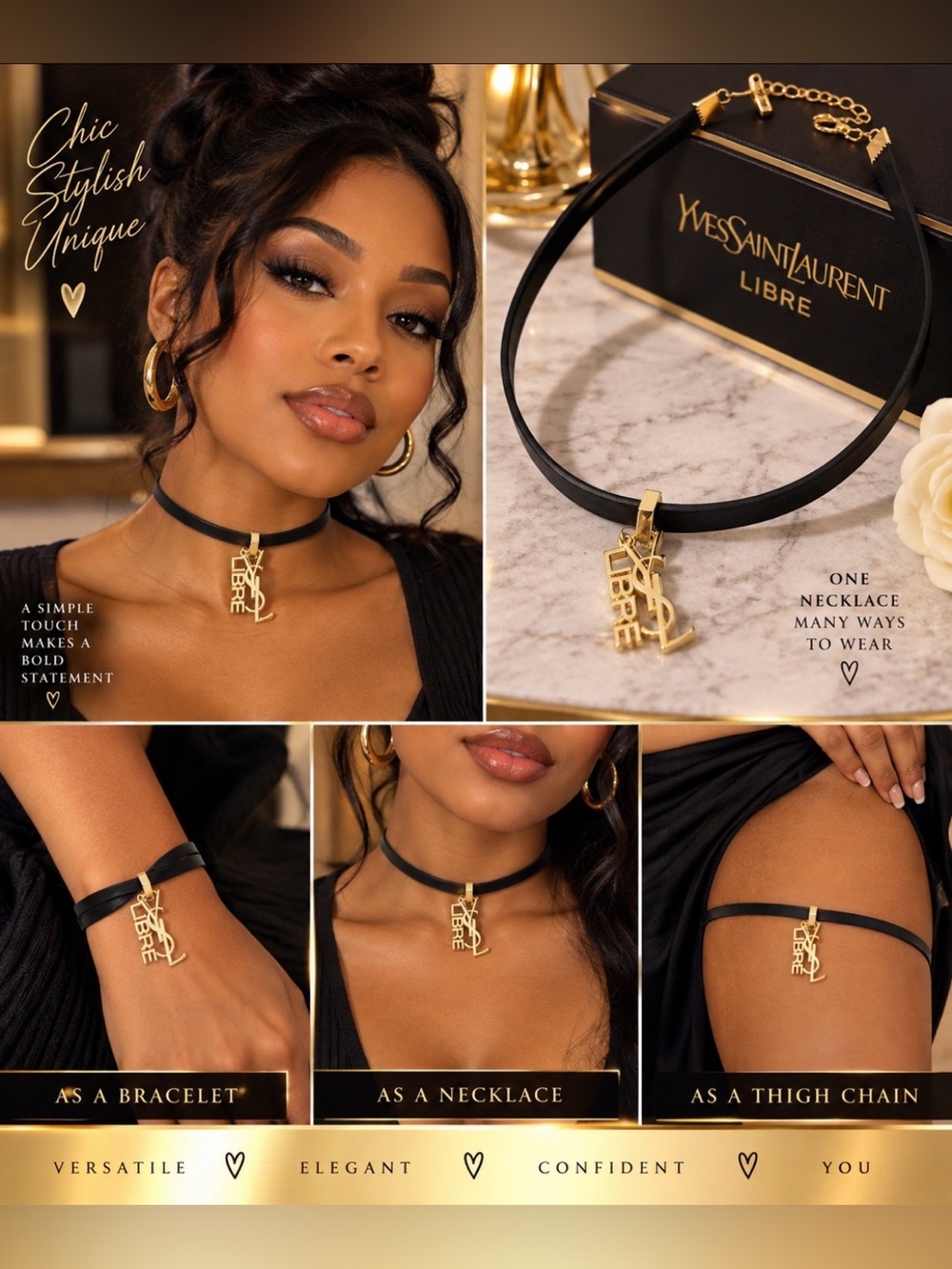 Yves Saint Laurent Black and Gold Leather Choker Necklace